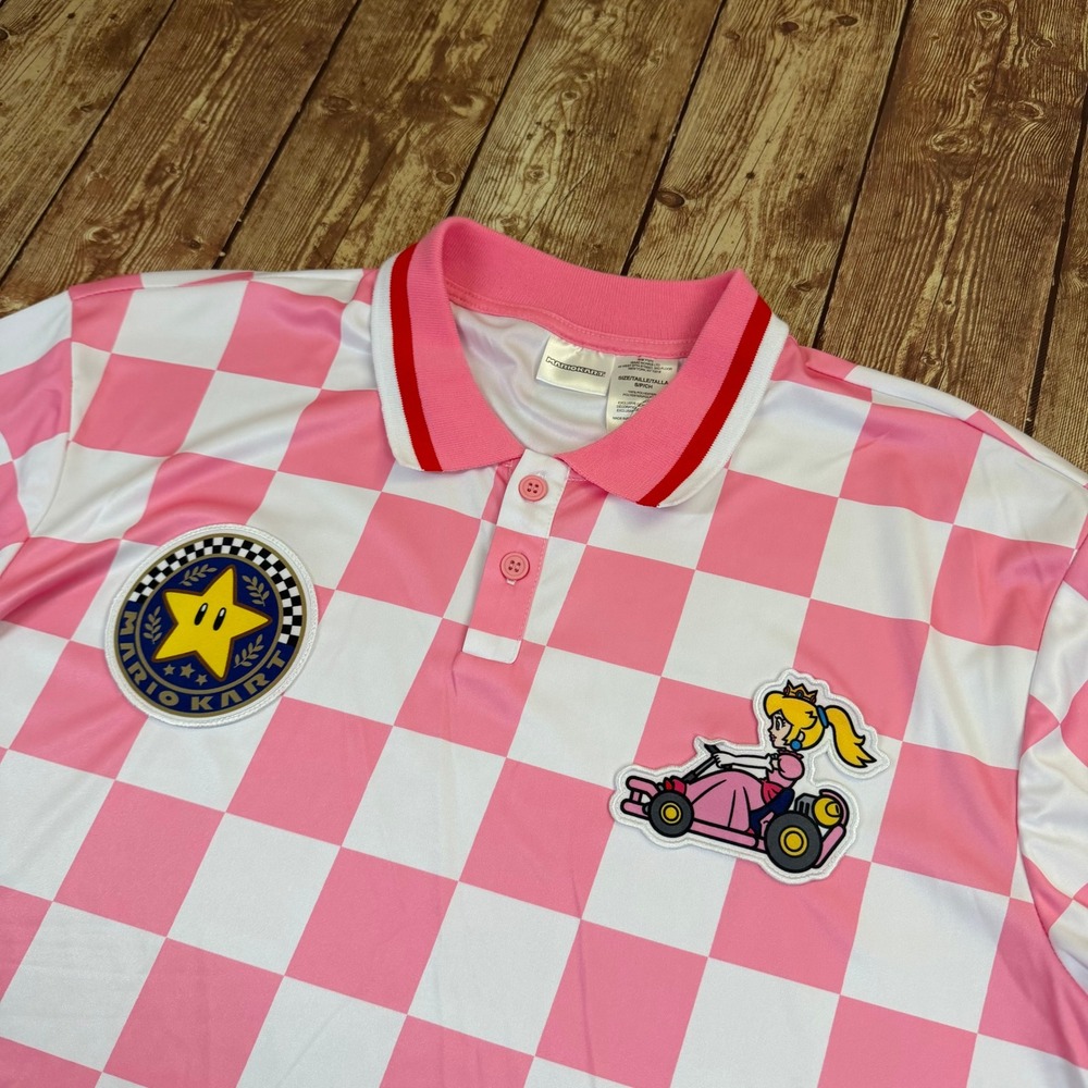 Nintendo Mario Kart Princess Peach Polo Shirt Mens Small Pink Checkered Patch